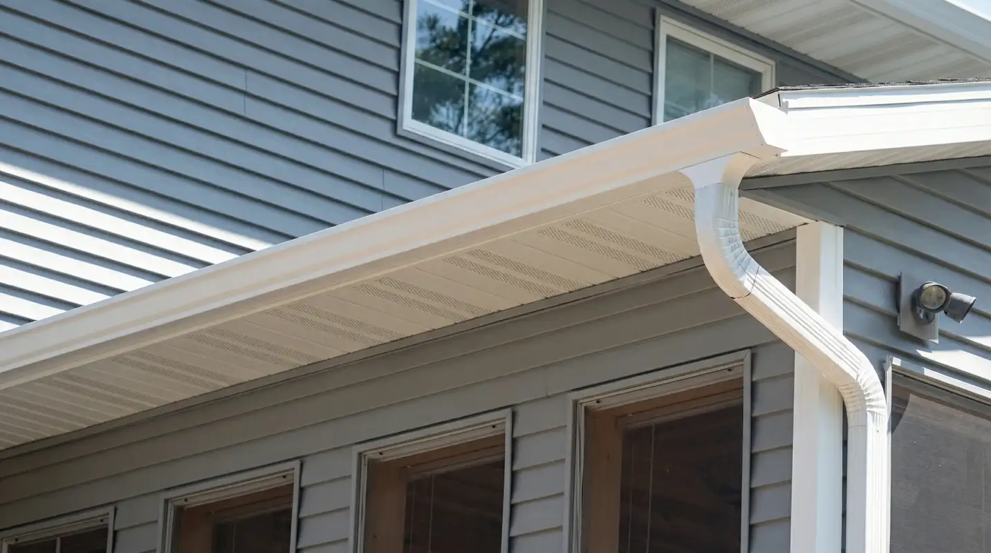 Professional home remodeling project showing newly installed white seamless gutters and downspouts on a house with gray siding in Buffalo, NY