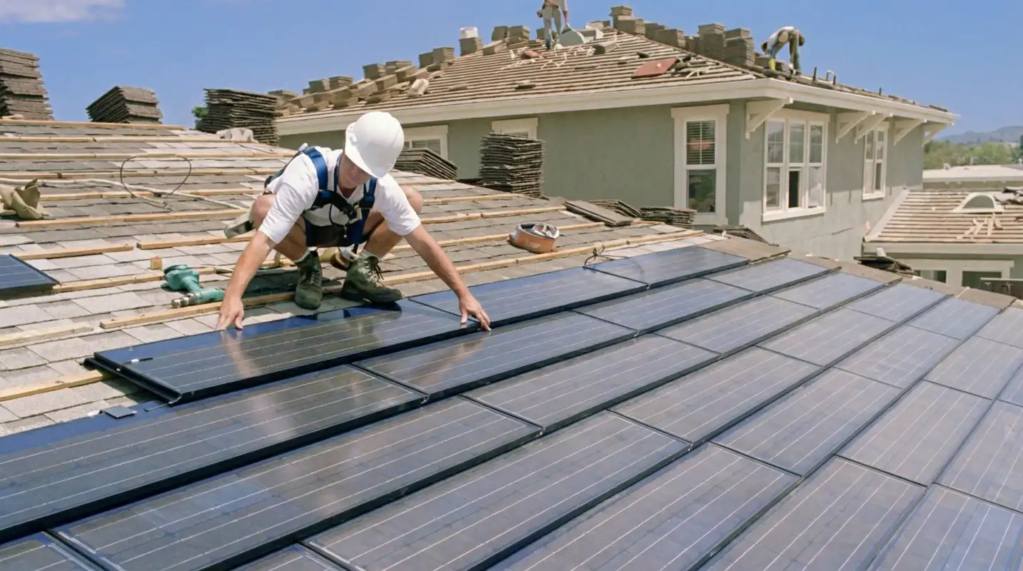 Roof replacement expert installing modern solar shingles on a residential home in Buffalo, NY