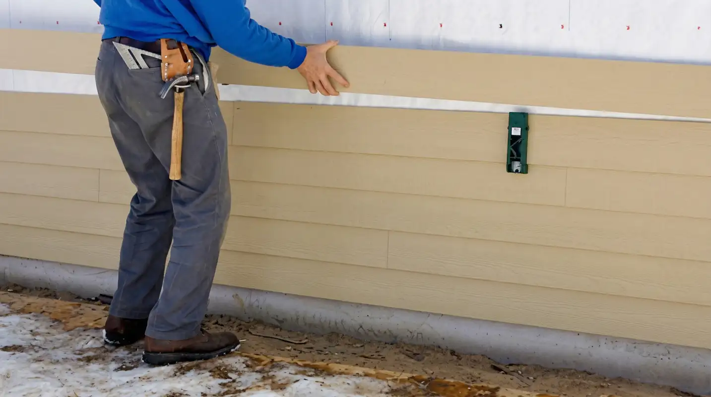 Siding replacement expert carefully aligning a new tan siding panel onto a residential exterior wall in Buffalo, NY