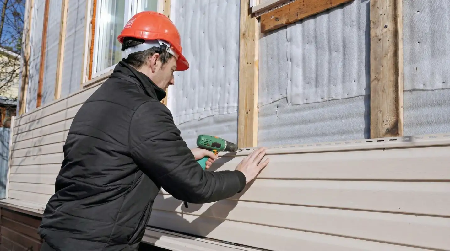 Siding replacement professional using a power drill to install new tan vinyl siding on a home exterior in Buffalo, NY