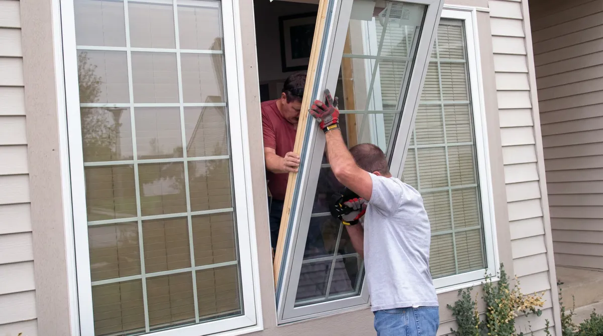 Professional home remodeling team installing a large replacement window on a house with tan siding in Buffalo, NY