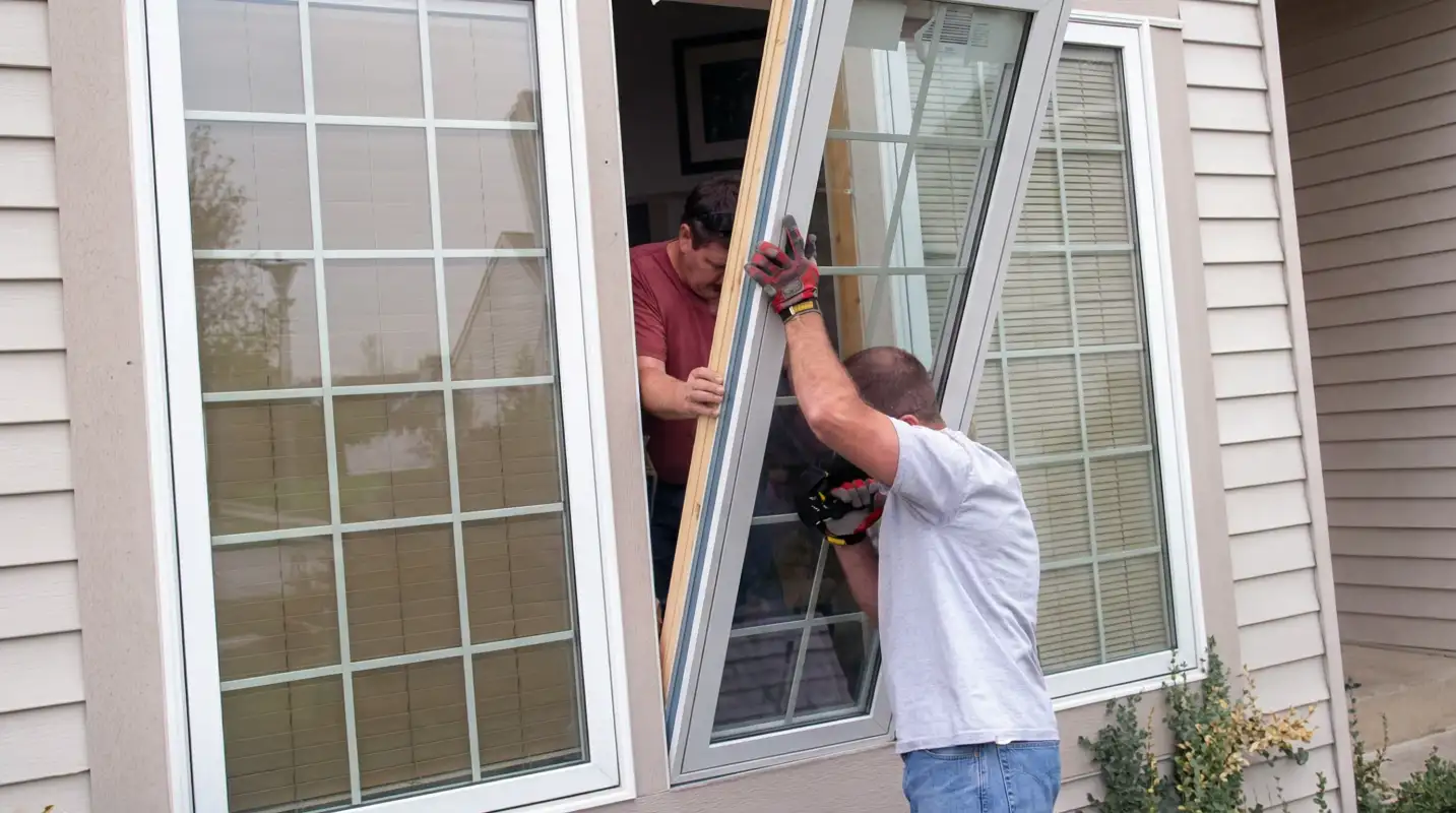 Professional home remodeling team installing a large replacement window on a house with tan siding in Buffalo, NY